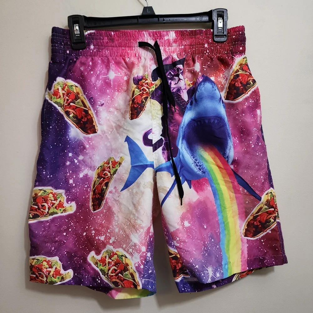 Cat riding a shark with tacos and rainbows swim suit men's size small